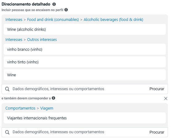 Detalhe da segmentação no Meta Business Suite com 'Viajantes internacionais frequentes' e interesses em 'Vinho'
