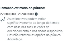 Tela do Meta Business Suite mostrando estimativa de tamanho de público (22-26 milhões) para segmentação de 'vinho' e 'viajantes frequentes'