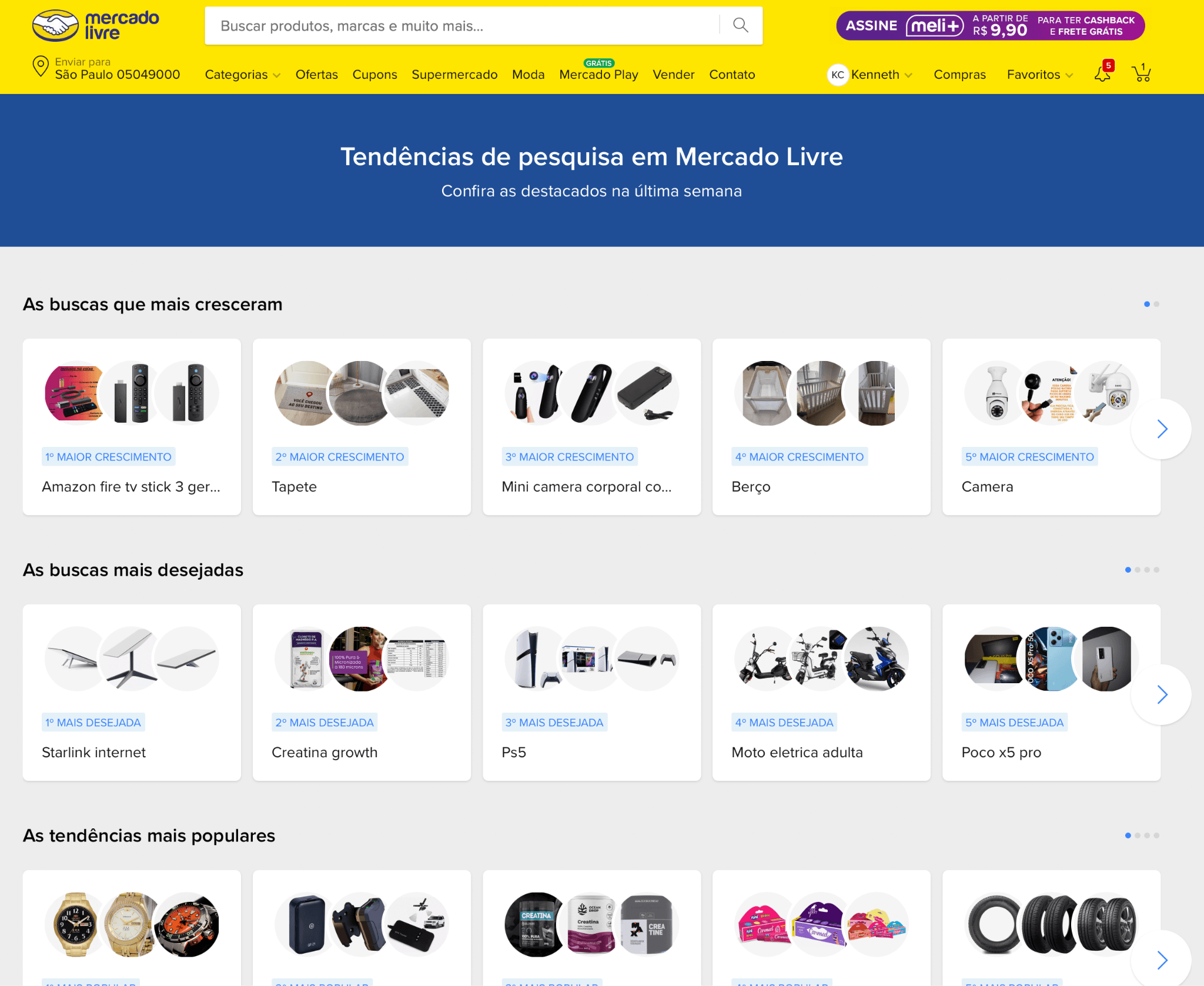 Tela da seção 'Tendências de pesquisa em Mercado Livre' mostrando buscas que mais cresceram e mais desejadas
